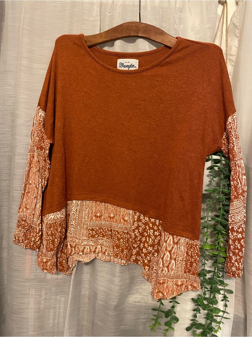 Wrangler Rust Brown Patchwork Long Sleeve Top